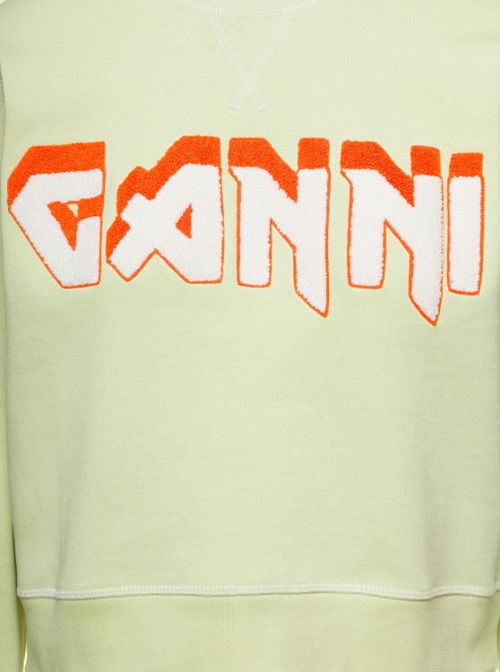 Shop Ganni Yellow Crewneck Sweater With Logo Print And Contrasting Stitching In Cotton In Neutrals