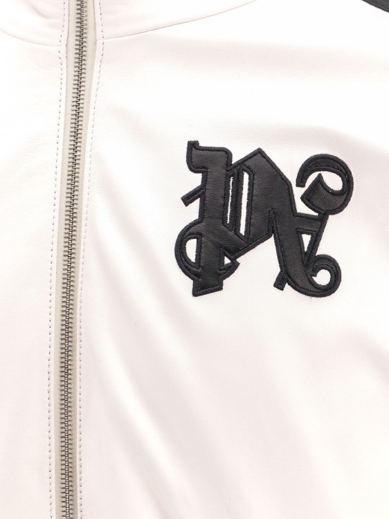 Shop Palm Angels Leather Jacket With Monogram Patch In Neutrals
