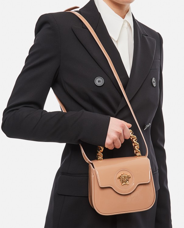 Shop Versace La Medusa Patent Leather Mini Bag In Brown