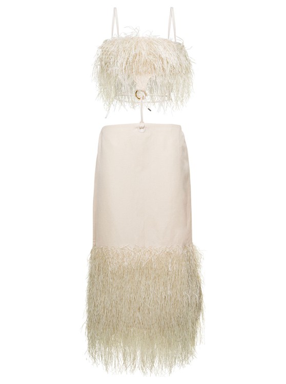 Shop Jacquemus La Robe Raphia' Midi Cream White Dress With Fringes And Cut-out In Cotton Canvas In Neutrals