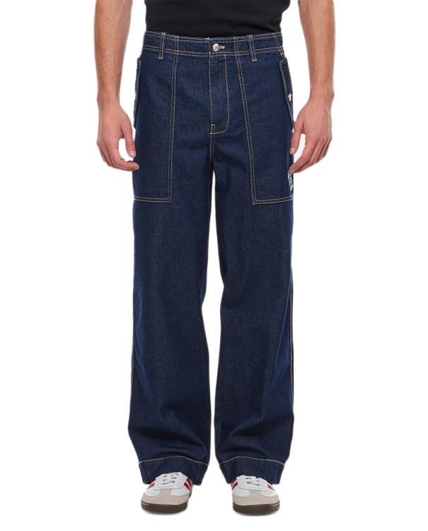 Maison Kitsuné Workwear Trousers In Washed Denim With Fox Head Patch In Blue