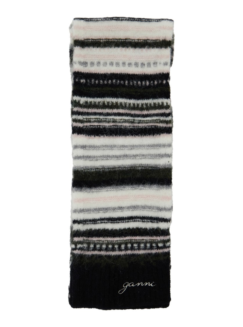 Ganni Striped Soft Wool Scarf In Black