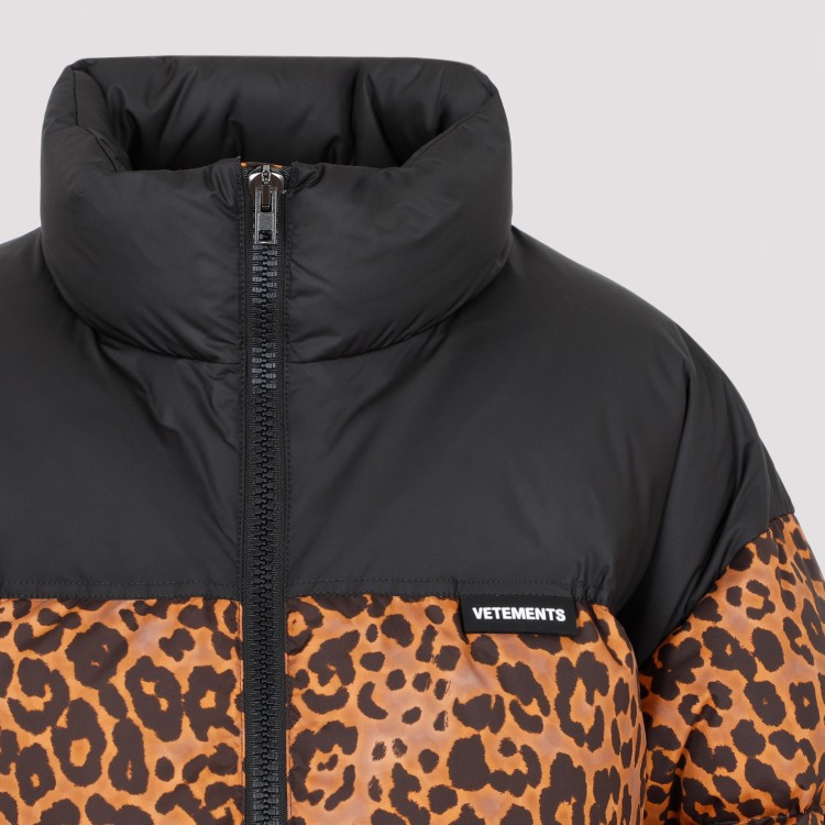 Shop Vetements Leopard Logo Puffer Jacket In Brown