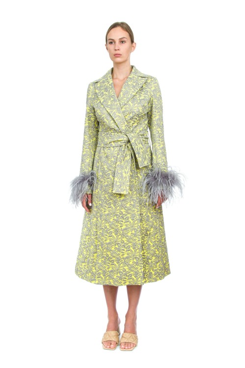 Shop Andreeva Yellow Jacqueline Coat With Detachable Feathers Cuffs