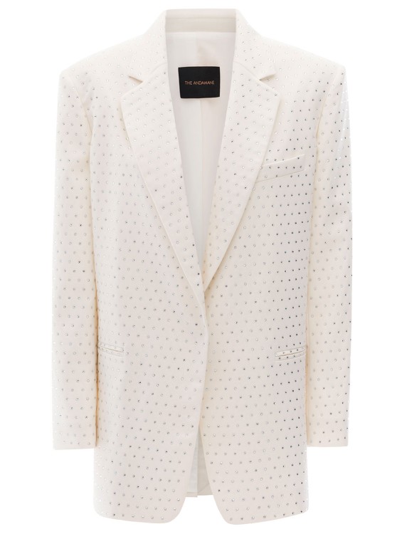 Andamane Guia Crystal' White Oversized Single-breasted Jacket With All-over Rhinestone Embellishment In Polye