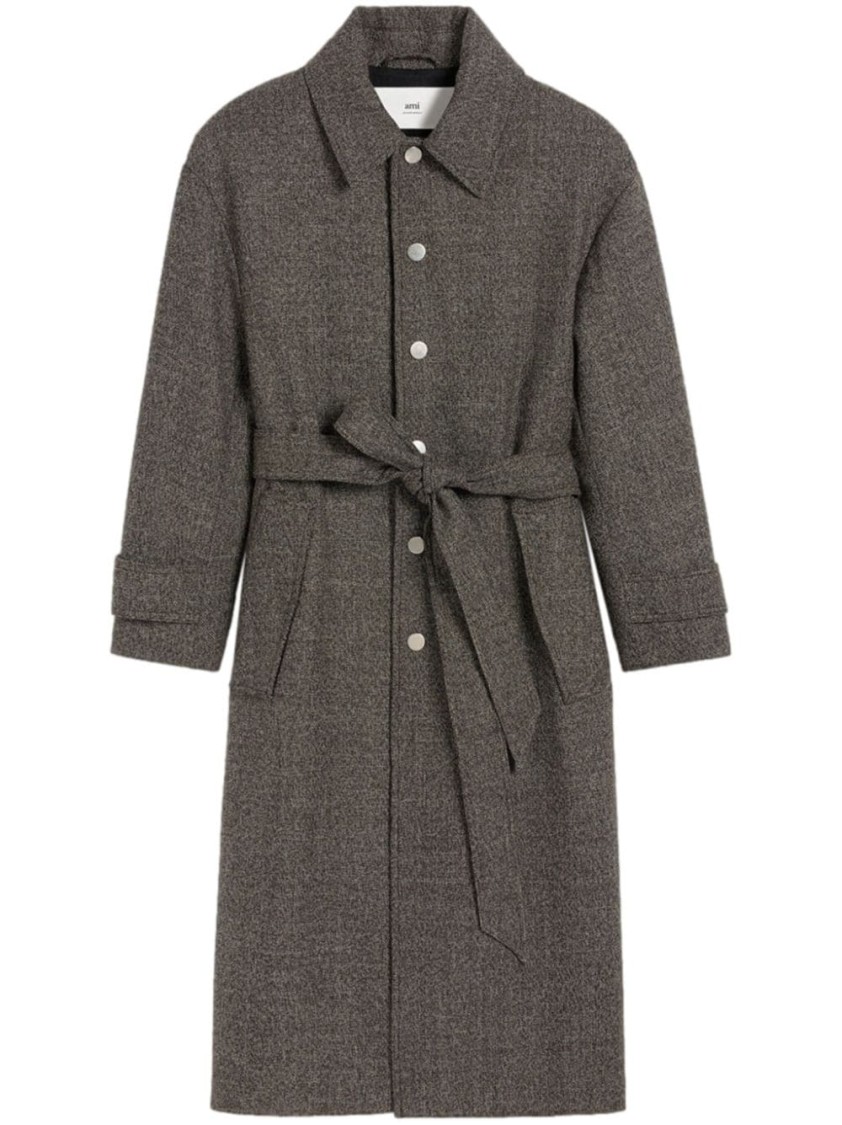 Ami Alexandre Mattiussi Wool-cotton Blended Large-profile Belted Coat In Grey