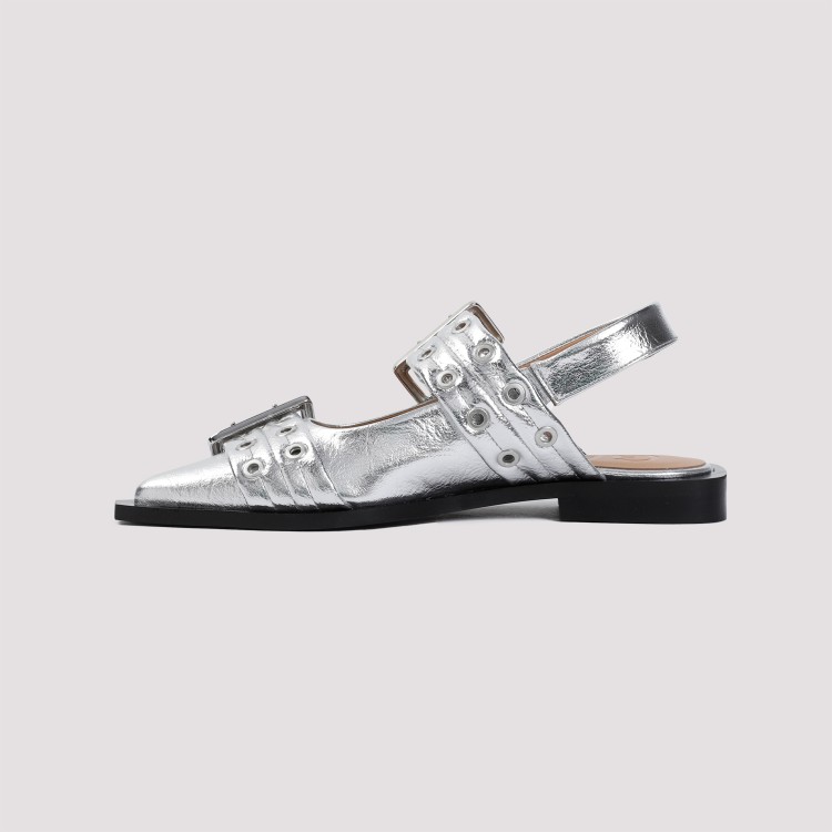 Shop Ganni Feminine Buckle Metallic Silver Polyester Ballerinas In White