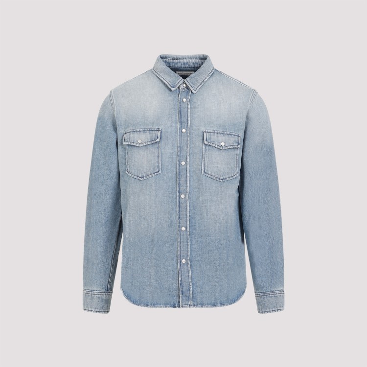 Shop Saint Laurent Oversize Pointy Pockets Light Blue Cotton Shirt