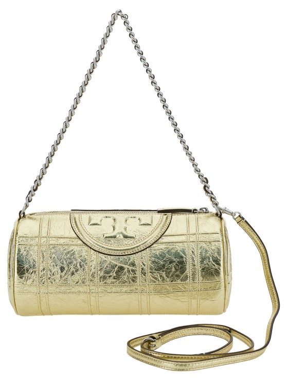 Tory Burch Gold Shoulder Bag With Embossed Double T Logo In Metallic Leather In Neutrals