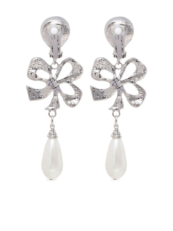 Shop Alessandra Rich Crystal Bow Earrings Crystal Bow Earrings With Pendant Pearl In Silver