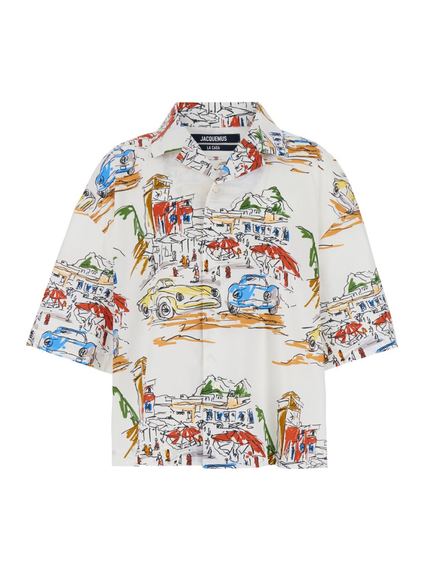 Shop Jacquemus La Chemise Casaco' Multicolor Bowling Shirt With Graphic Print In Cotton In White