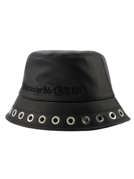 Shop Alexander Mcqueen Leather Eyelet Hat  - Black - Leather