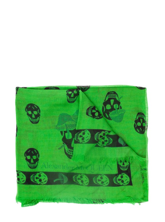 Alexander Mcqueen Green Scarf With Skull And Mushroom Print All-over In Modal Blend