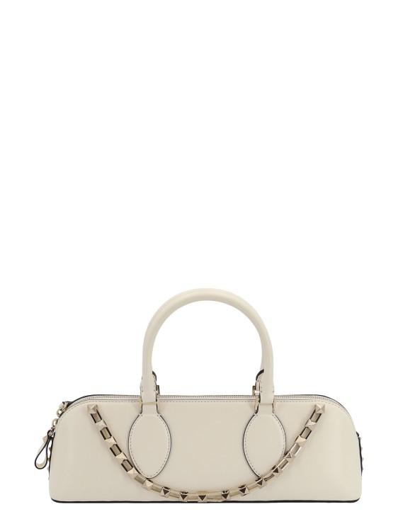 Shop Valentino Leather Handbag With Iconic Metal Studs In Neutrals