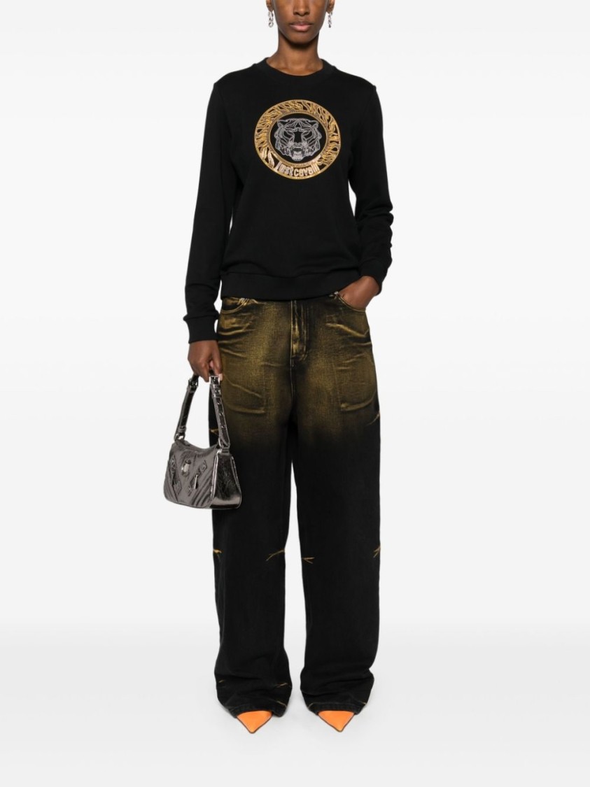 Just Cavalli Tiger Head Cotton Sweatshirt In Black