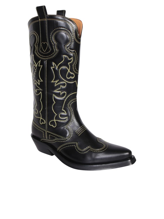 Shop Ganni Leather Cowboy Boots With Contrasting Yellow Embroidery In Black