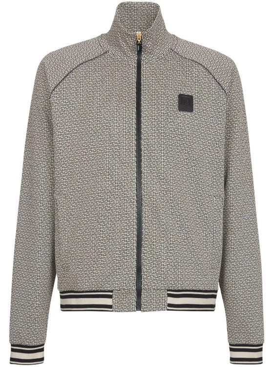 Balmain Black/beige Monogrammed Jacquard Mini Jacket In Grey