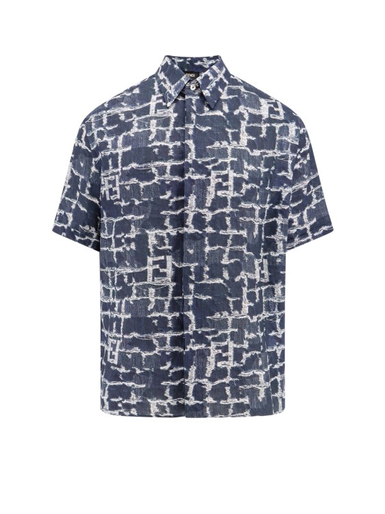 Shop Fendi Linen Shirt With Frayed Ff Motif In Blue