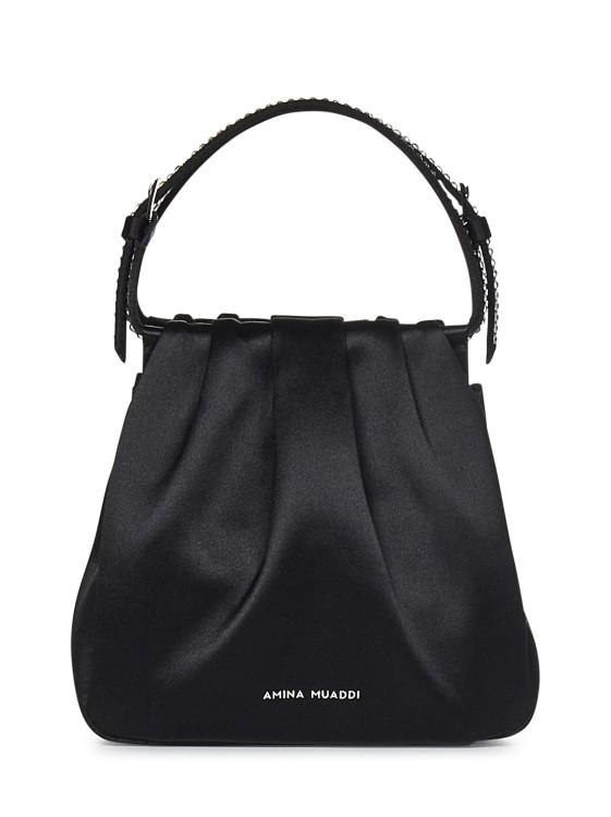 Shop Amina Muaddi Vittoria Crystal Black Satin Handbag