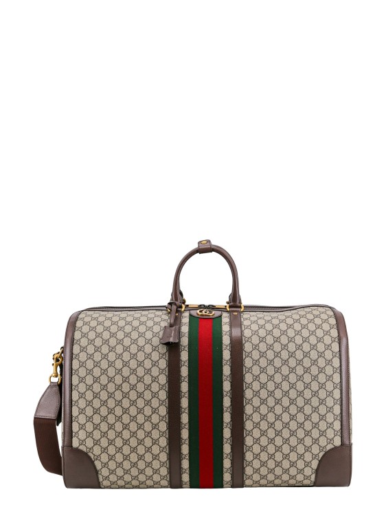 Gucci Gg Supreme Fabric And Leather Duffle Bag With Iconic Web Band In Grey
