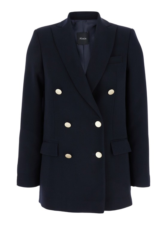 Shop Plain Blue Double-breasted Jacket With Golden Buttons In Cady