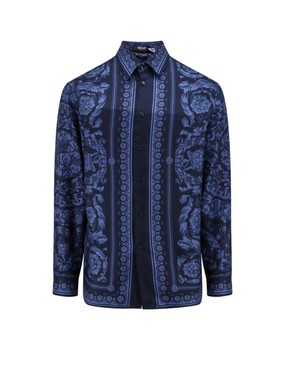 Shop Versace Informal Silk Shirt With Baroque Print In Blue