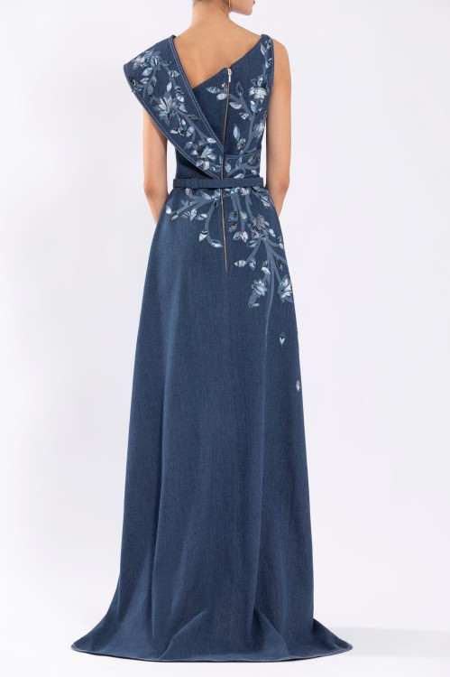 Shop Saiid Kobeisy Denim Dress With Printed Embroidery In Blue