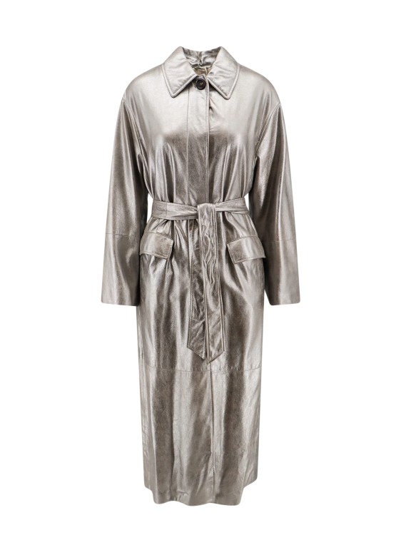 Shop Brunello Cucinelli Leather Trench With Lamé Effect In Silver