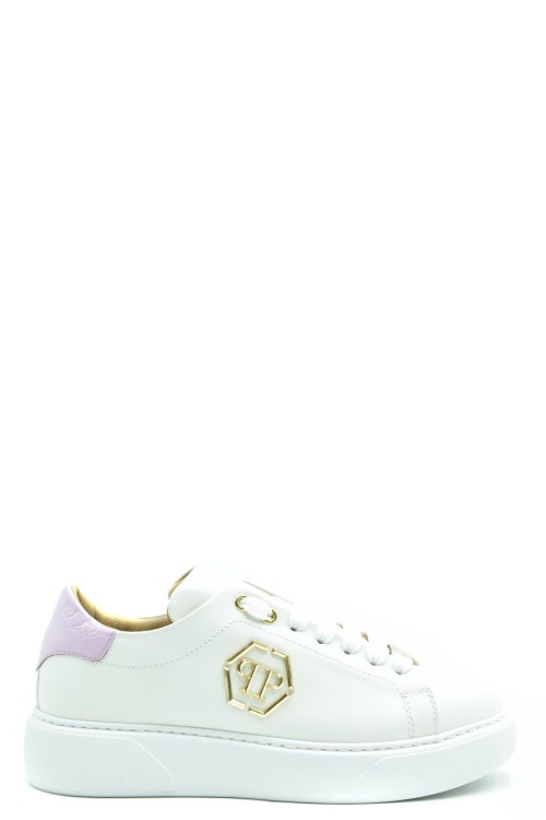 Philipp Plein White Leather Sneakers With Gold Logo Badge