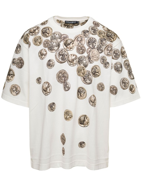 Shop Dolce & Gabbana White Oversized T-shirt With All-over 'monete' Print In Cotton