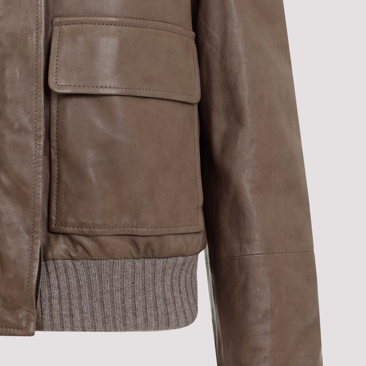 Brunello Cucinelli Leather Jacket With Shearling Collar And Ribbed Finish In Pink