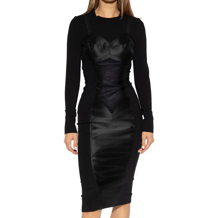 Dolce & Gabbana Corset Detail Long Sleeve Midi Dress In Neutrals