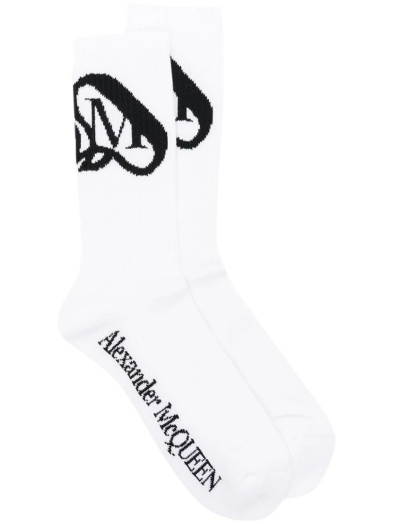 Shop Alexander Mcqueen White/black Logo Intarsia Socks