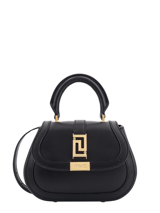 Shop Versace Leather Handbag With Frontal La Greca Detail In Black