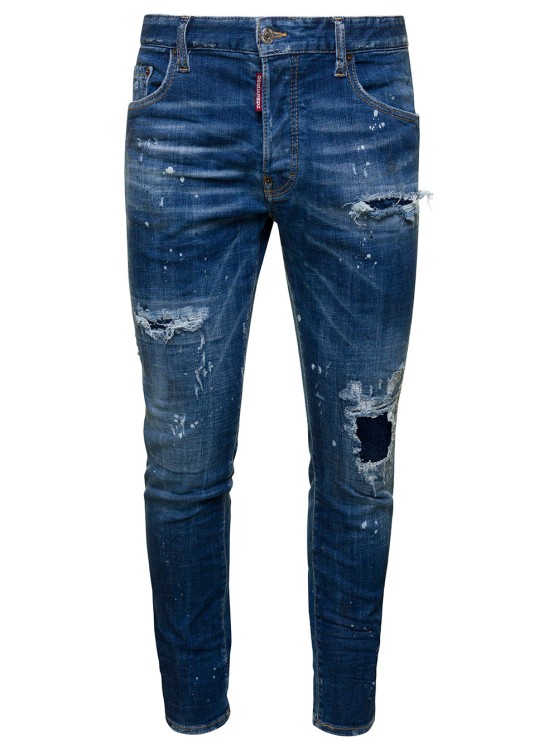 Shop Dsquared2 Skater' Light Blue Five-pocket Jeans With Rips And Bleach Effect In Stretch Cotton Denim In Green