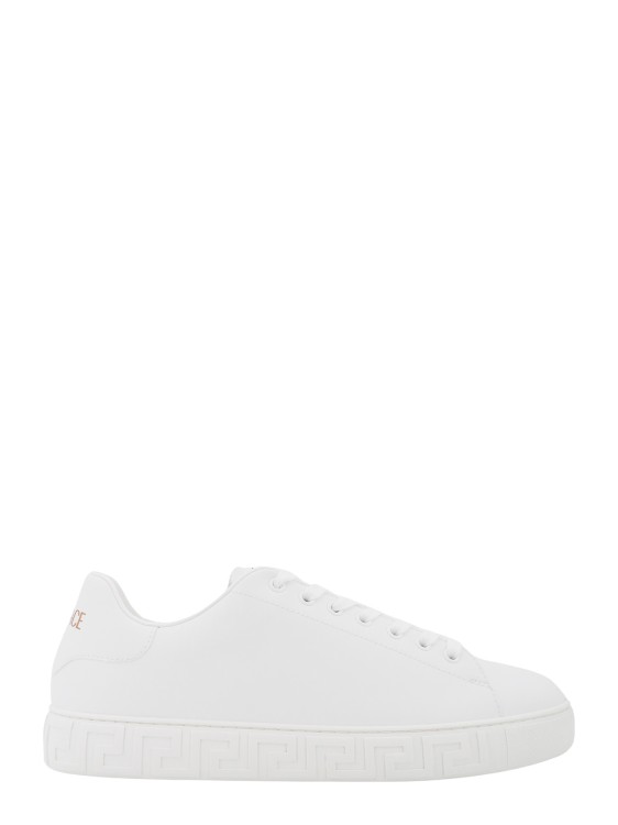 Shop Versace Leather Sneakers With La Greca Detail In White