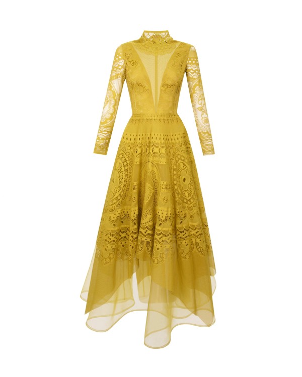 Gemy Maalouf Fully Intricated Lace Dress - Midi Dresses In Yellow