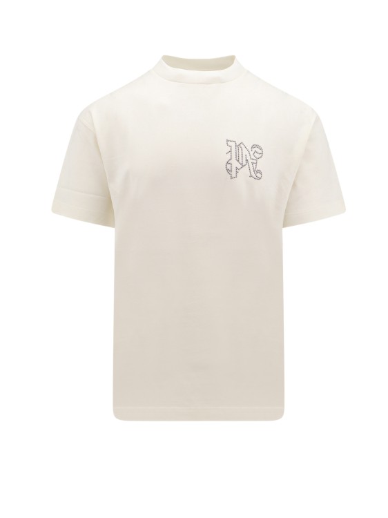 Shop Palm Angels Cotton T-shirt With Studded Monogram On The Front In Neutrals