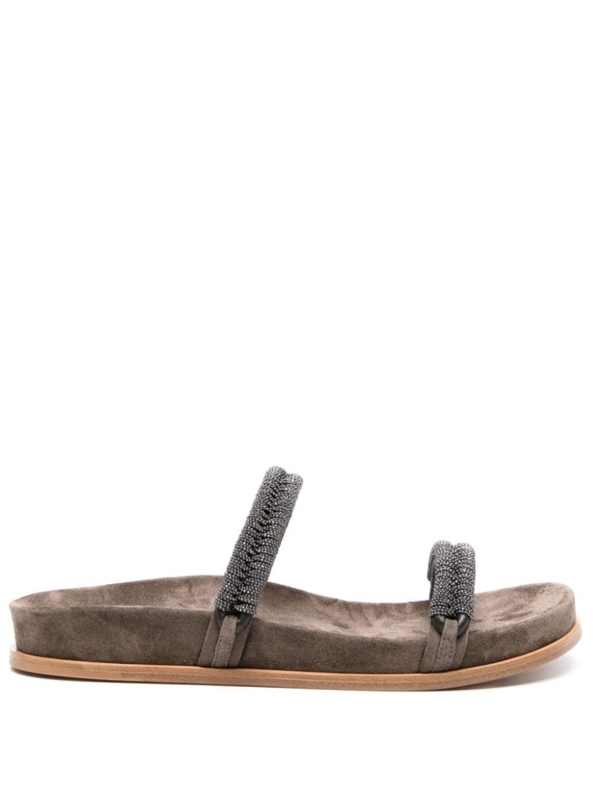 Brunello Cucinelli Slide Sandals With Monili Decoration In Grey