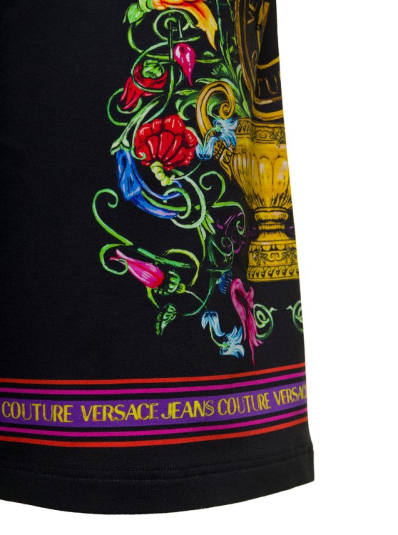 Shop Versace Jeans Couture Black Shorts With Floreal And Logo Lettering Print In Cotton