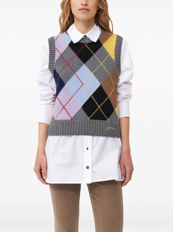 Shop Ganni Harlequin-pattern Intarsia-knit Vest In Multicolor