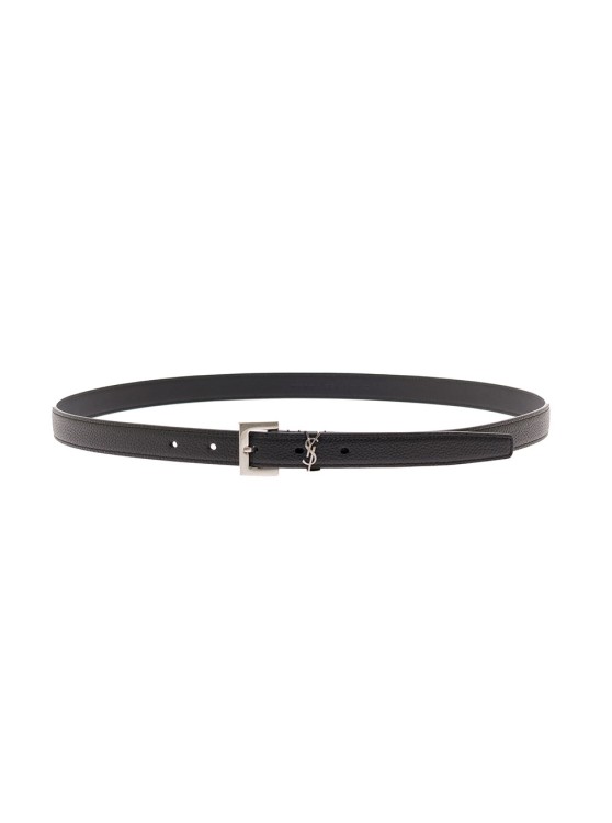 Saint Laurent Cassandre Belt With Silver-colored Buckle In Leather In Grey