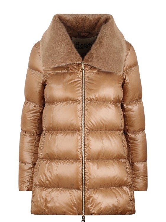 Herno Faux Fur Collar A Line Down Puffer Coat In Brown