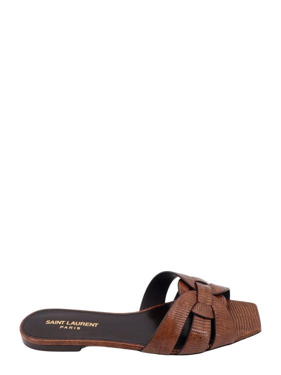 Shop Saint Laurent Leather Sandals With Lizard Print In Brown