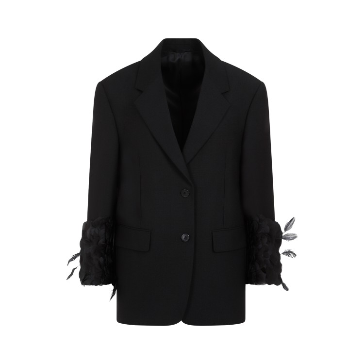 Prada Black Single-breasted Wool Jacket With Feather Trim