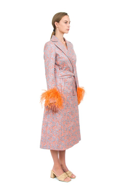 Shop Andreeva Orange Jacqueline Coat With Detachable Feathers Cuffs