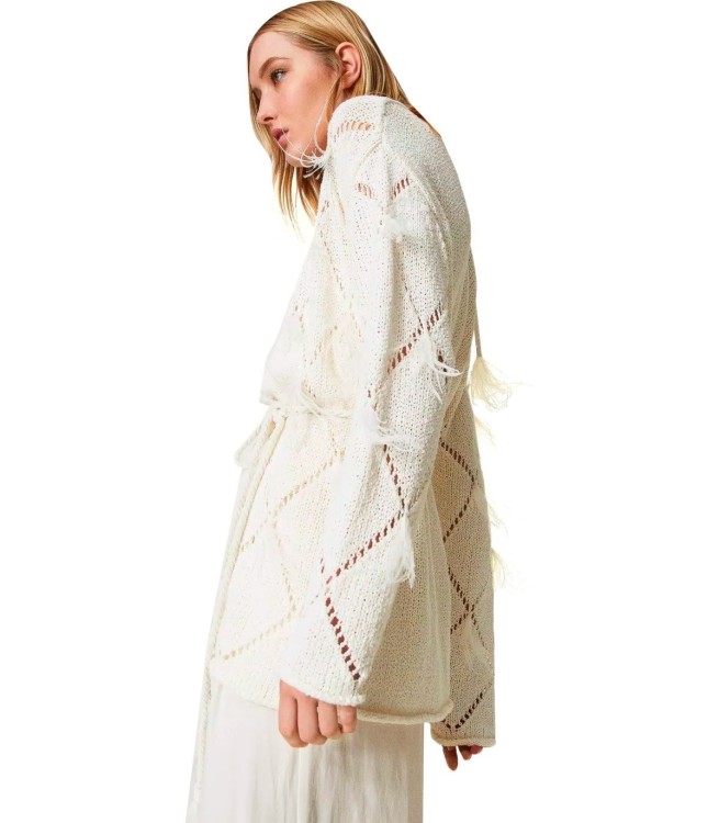 Shop Twinset Off-white Cardigan With Feathers In Neutrals