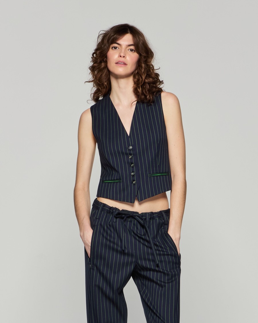 Serena Bute Wool Pinstripe Waistcoat - Navy/green In Blue
