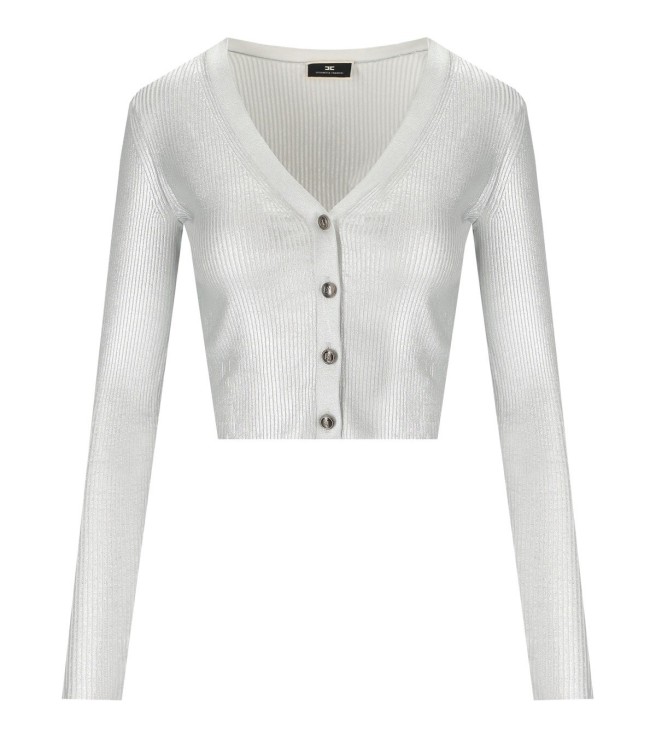 Shop Elisabetta Franchi Silver Laminated Cropped Cardigan In White