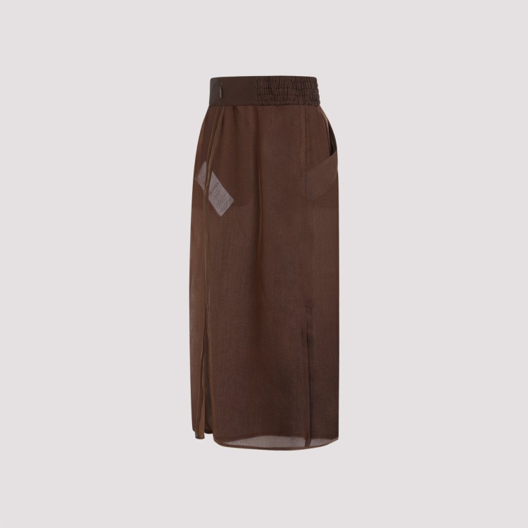 Saint Laurent Sheer Silk Midi Skirt With Elastic Waistband In Brown